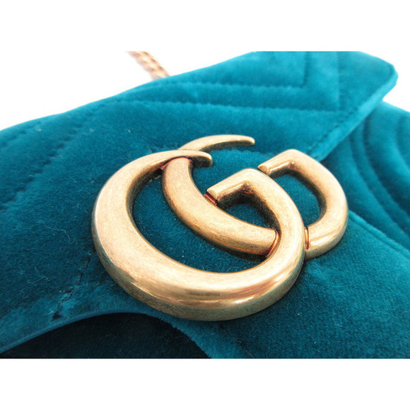 Gucci Chain Shoulder Marmont GG Velvet Bag Blue - Picture 6 of 10